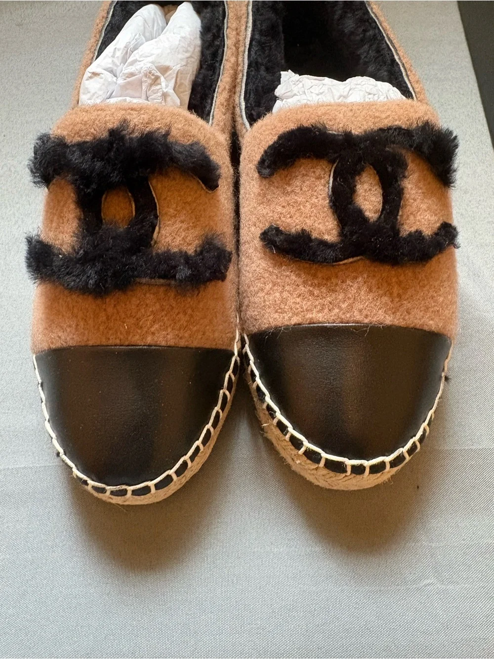 CHANEL NIB Brown Wool Slip-On Espadrille with Black Logo and Leather Toe